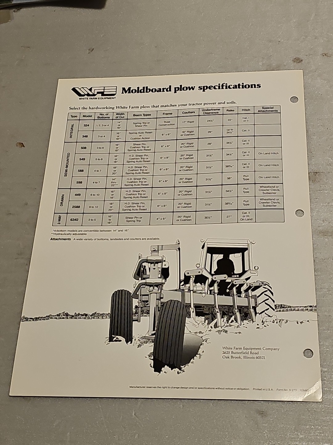 Vintage White Farm Equipment Moldboard Plows Spec Sheet