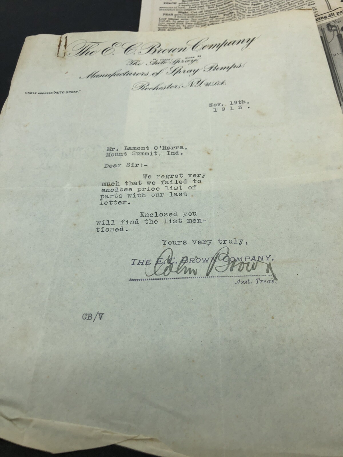 Large ADVERTISING POSTER 1913 Rochester, NY-E.C. BROWN Co SPRAY PUMP LETTERHEAD