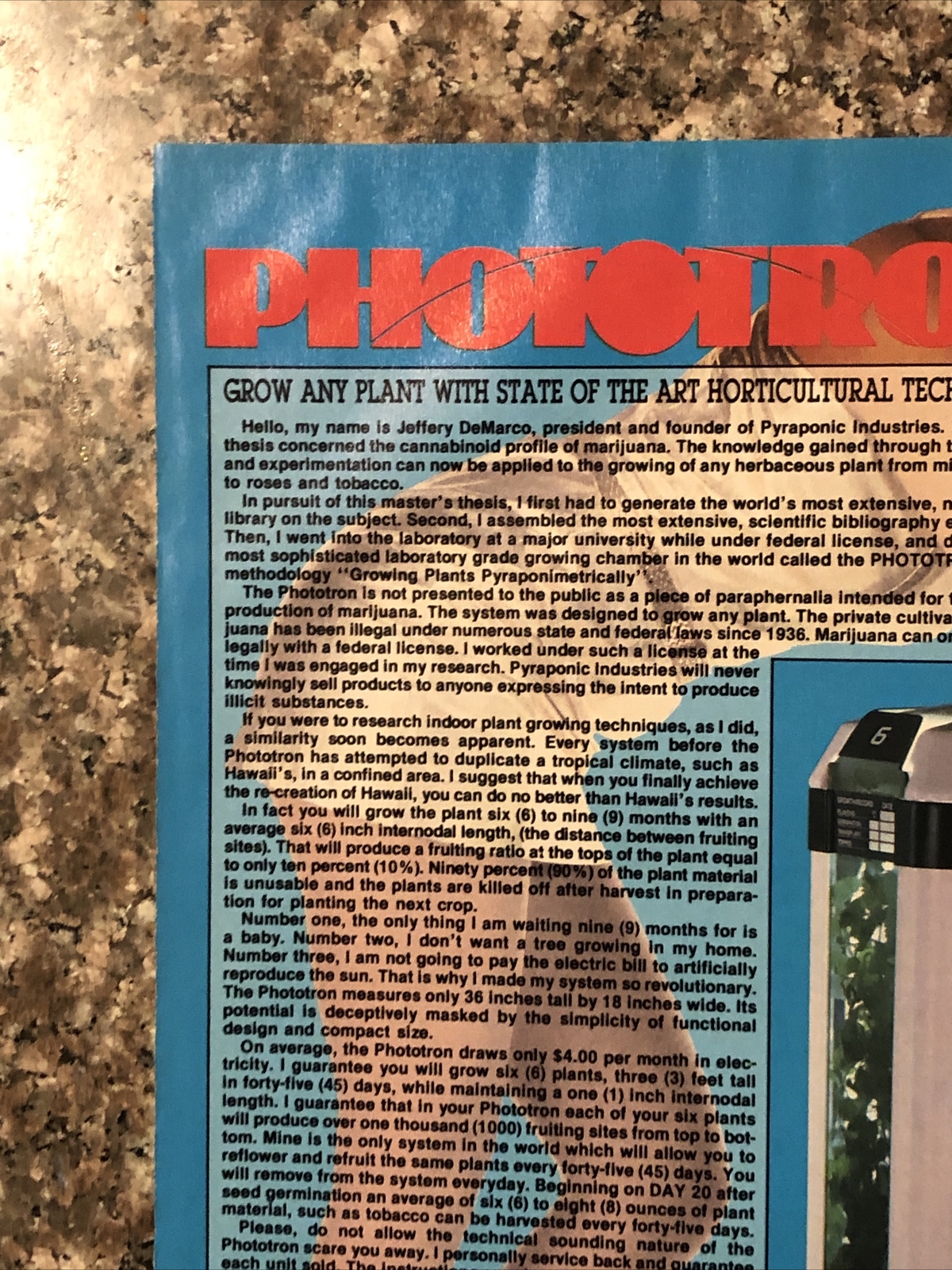 1988 Phototron Pyraponic Indoor Plant Grow PRINT AD Weed Marijuana VTG 1980s