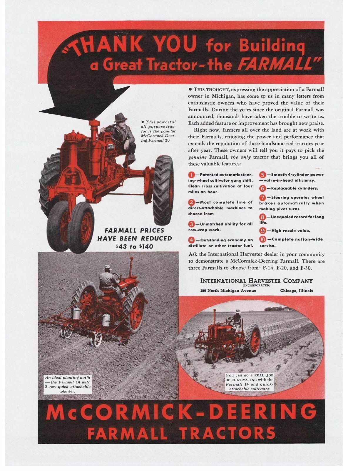 1939 McCormick Deering Farmall Tractors 20 & 14 cultivator planter Print Ad
