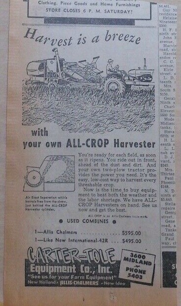 1952 newspaper ad for All-Crop Harvester – Harvest is a Breeze with your own