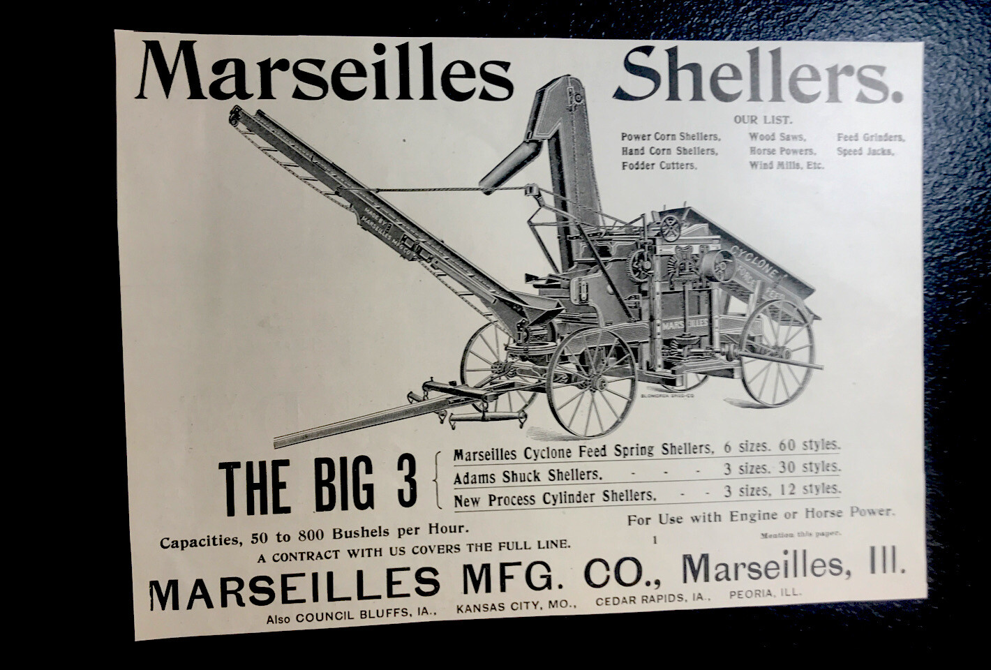 ORIGINAL 1897 Marseilles Shellers Farm Implement Advertising – Illinois
