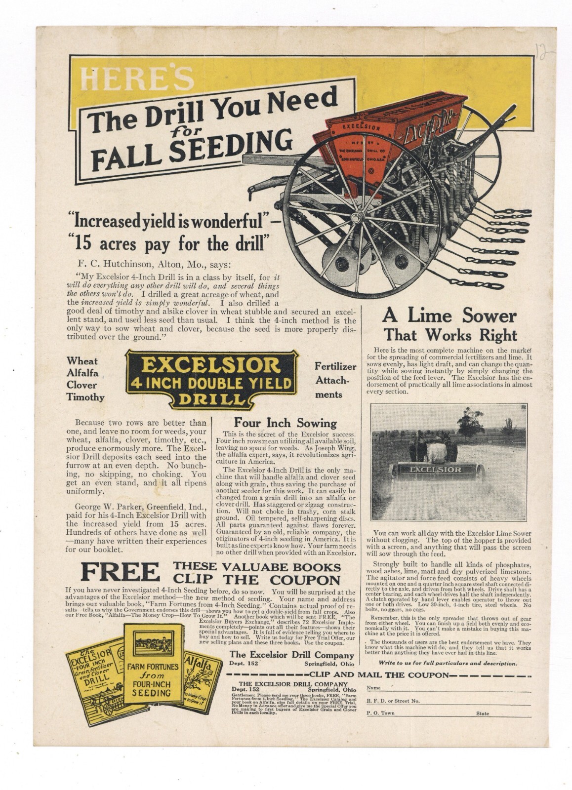 1917 Excelsior Drill Co. Print Ad: 4&Prime; Double Yield Drill – Springfield, OhiO