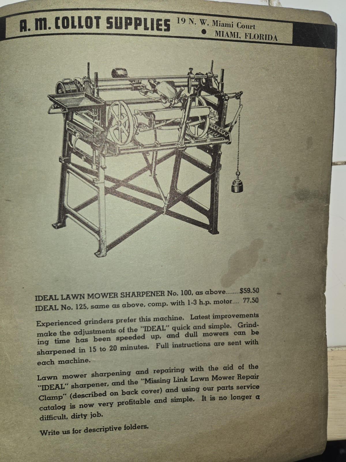 RARE AND OLD A.M COLLOT LAWN MOWER SERVICE AND PARTS CATALOG NO. 2 MIAMI FLORIDA