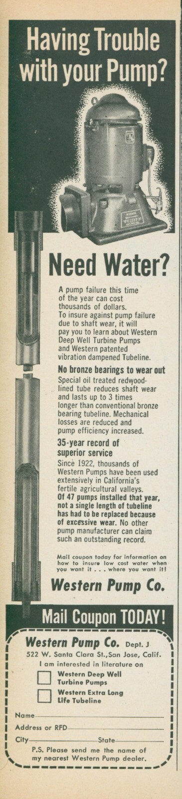 1955 Western Deep Well Turbine Pump Redwood Lined Tube Vintage Print Ad FJ1