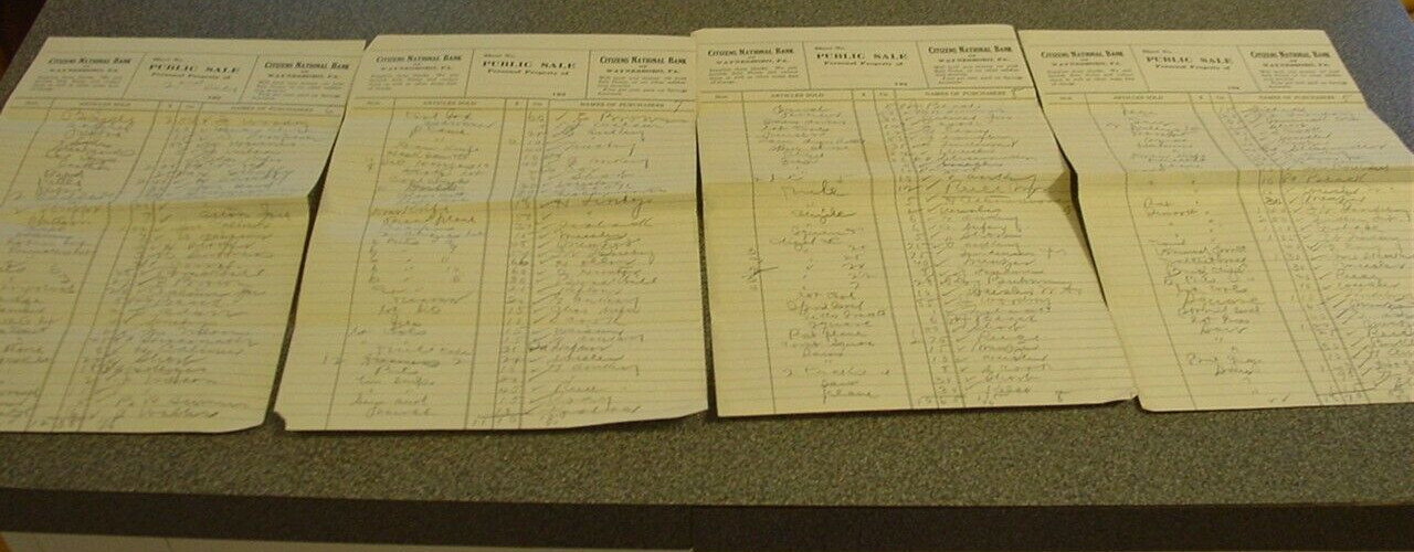 ANTIQUE 1920&rsquo;s PUBLIC SALE Personal List Citizens Bank National Waynesboro PA