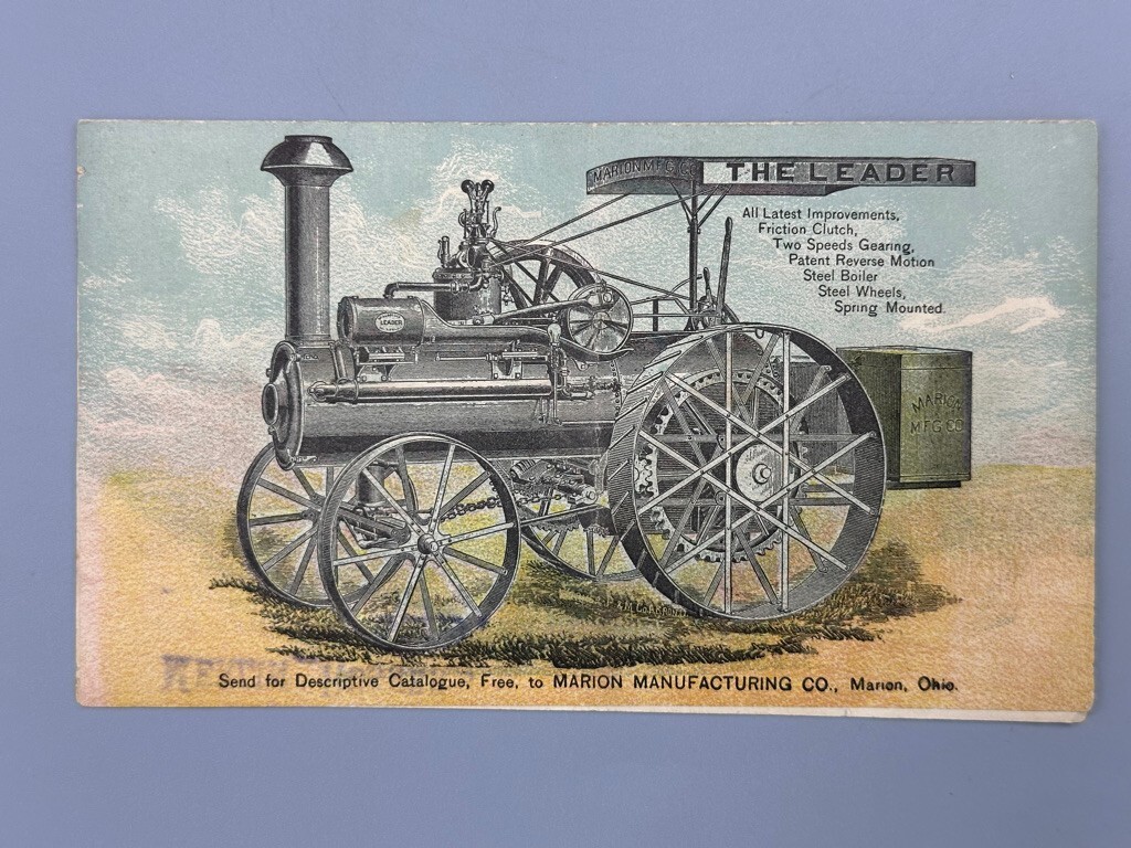 1888 MARION Ohio Leader THRESHING ENGINE Victorian FARM Advertising Trade Card
