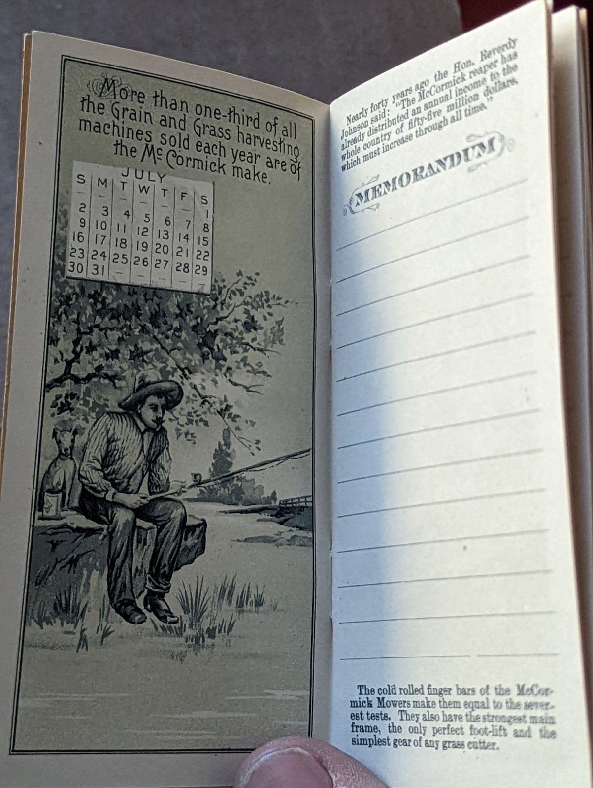 1898 Pocket Calendar Memorandum Advertising Book McCormick Harvesting Machine