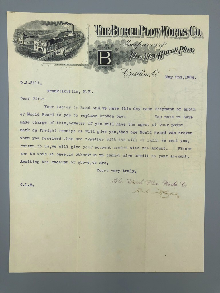 1904 BURCH PLOW WORKS Co Letterhead Antique Farm Advertising CRESTLINE OHIO