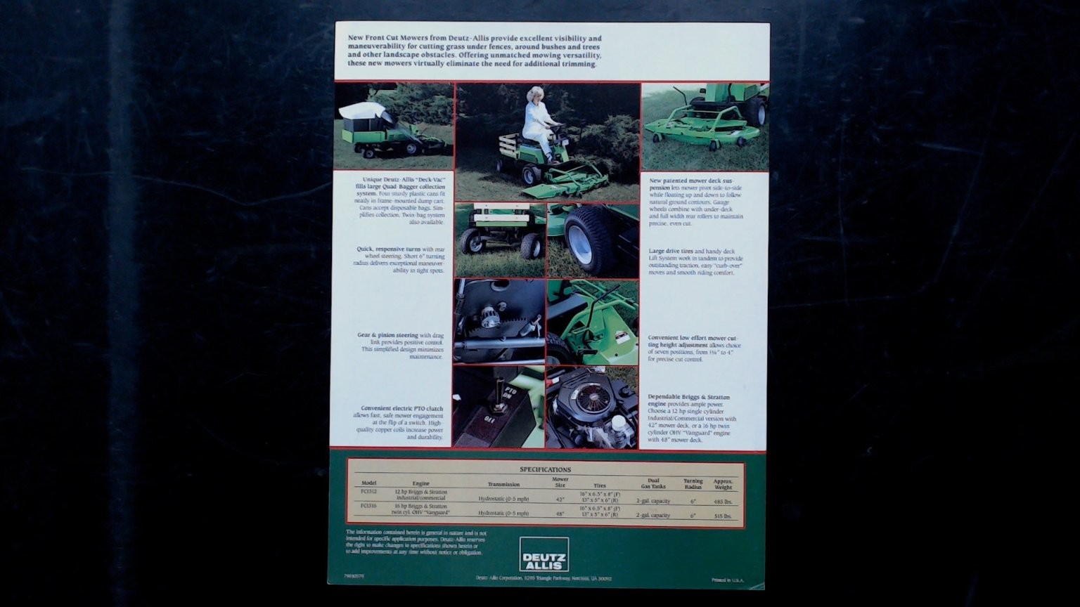 Deutz-Allis FC 1300 Front Cut Mowers Vintage Brochure 1980s Green