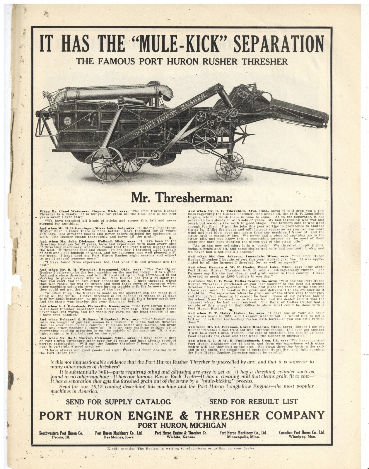 1915 Threshing Machine Ad: Port Huron Rusher & Emerson Brantingham Geiser Engine