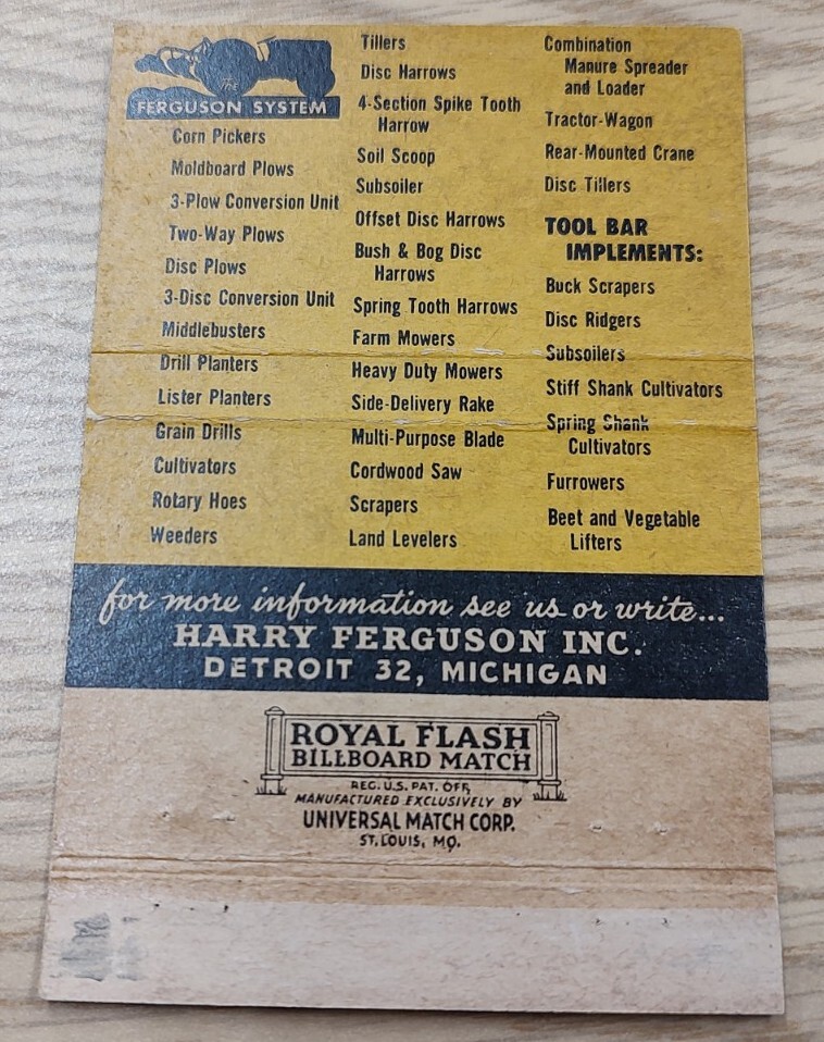 Madras Oregon Huntington Farm Equipment Co. Ferguson Tractor Matchbook Cover