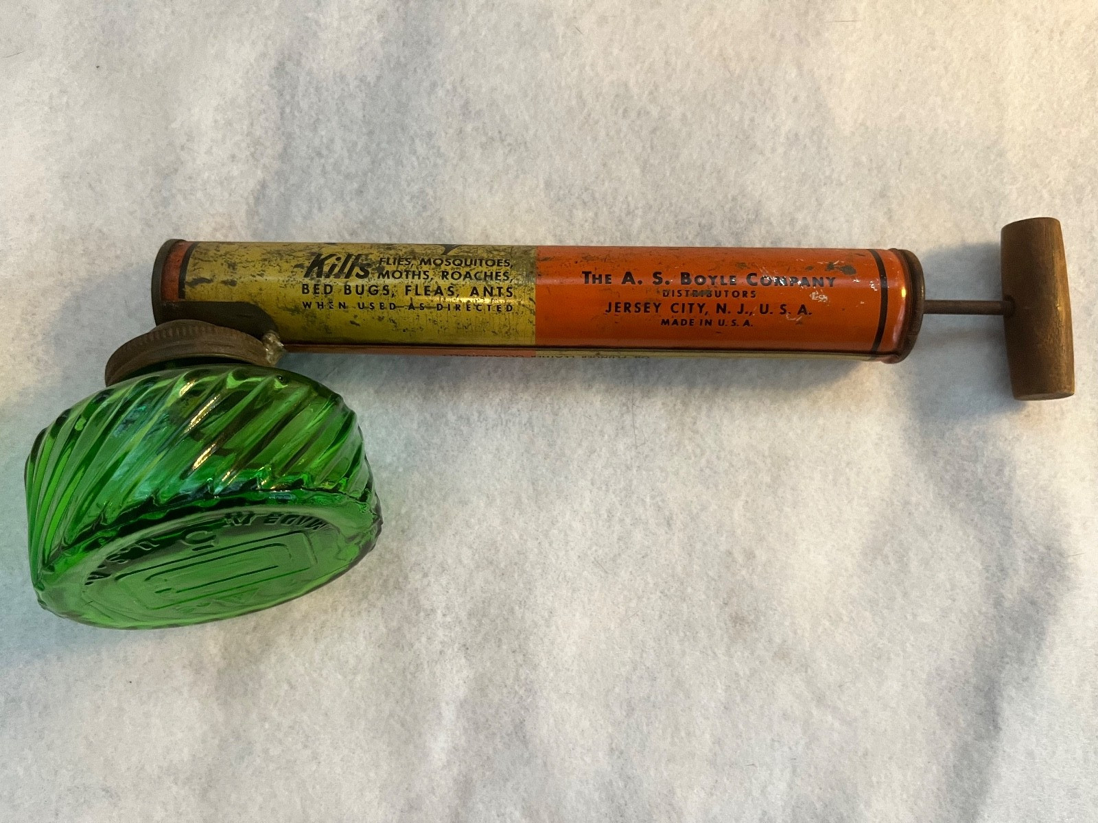 Vintage Black Flag Pump Sprayer With Green Glass Bowl