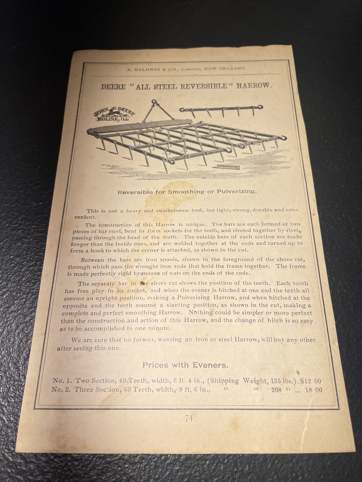 1891 Baldwin – John Deere Steel Reversible Harrow Farm Advertising New Orleans