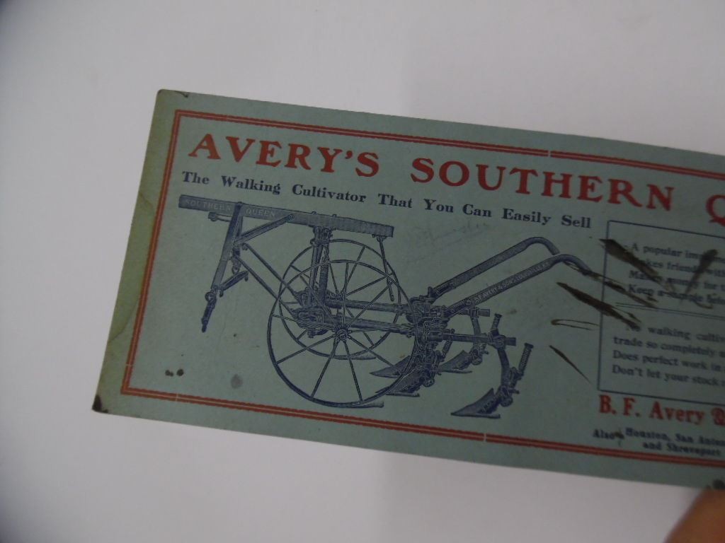 c.1910 B.F. Avery Plow Co. Southern Queen Cultivator Ad Ink Blotter Dallas Texas