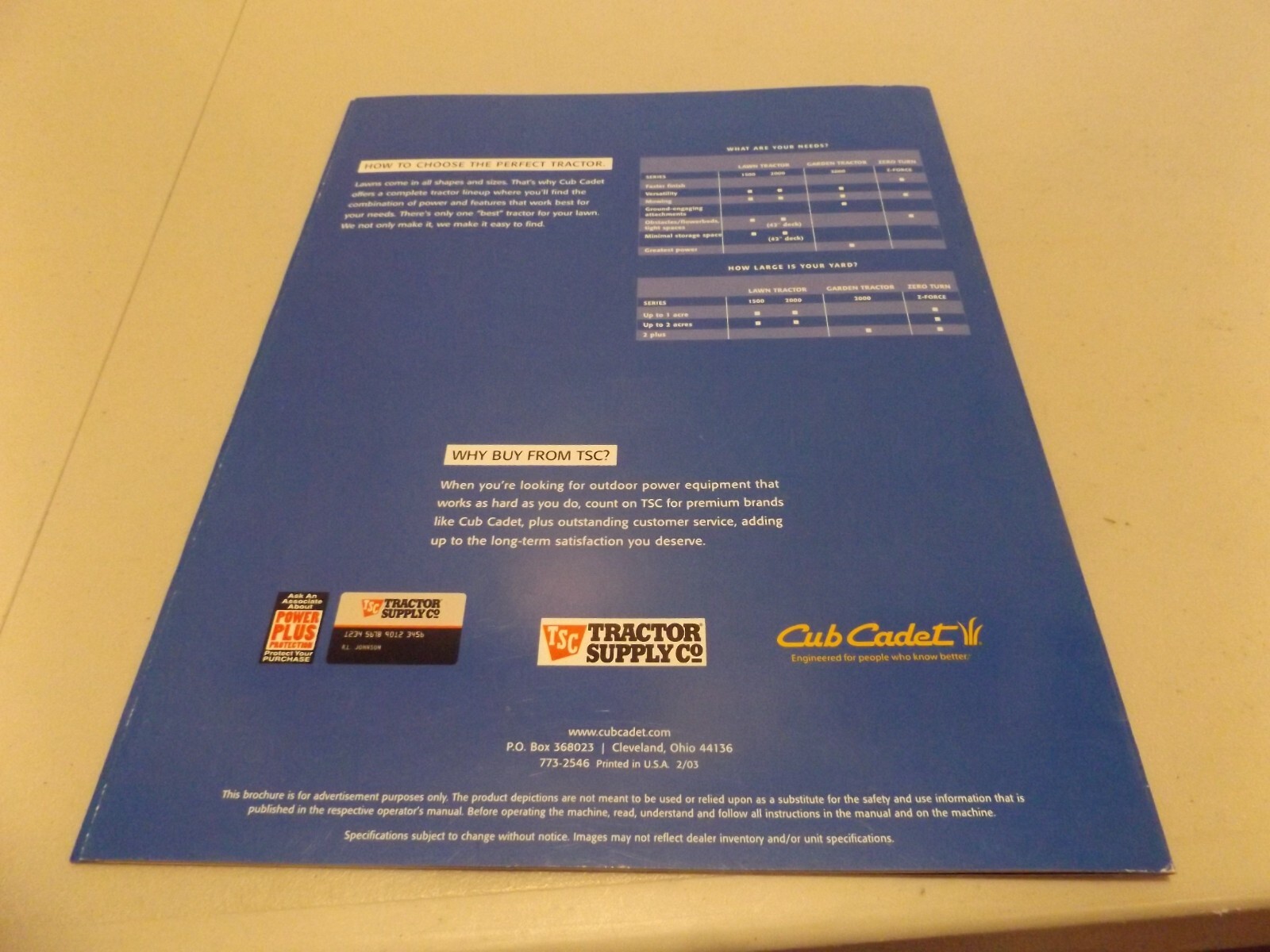 CUB CADET OUTDOOR POWER EQUIP. 2003 TSC, LIT # 773-2546 2/03