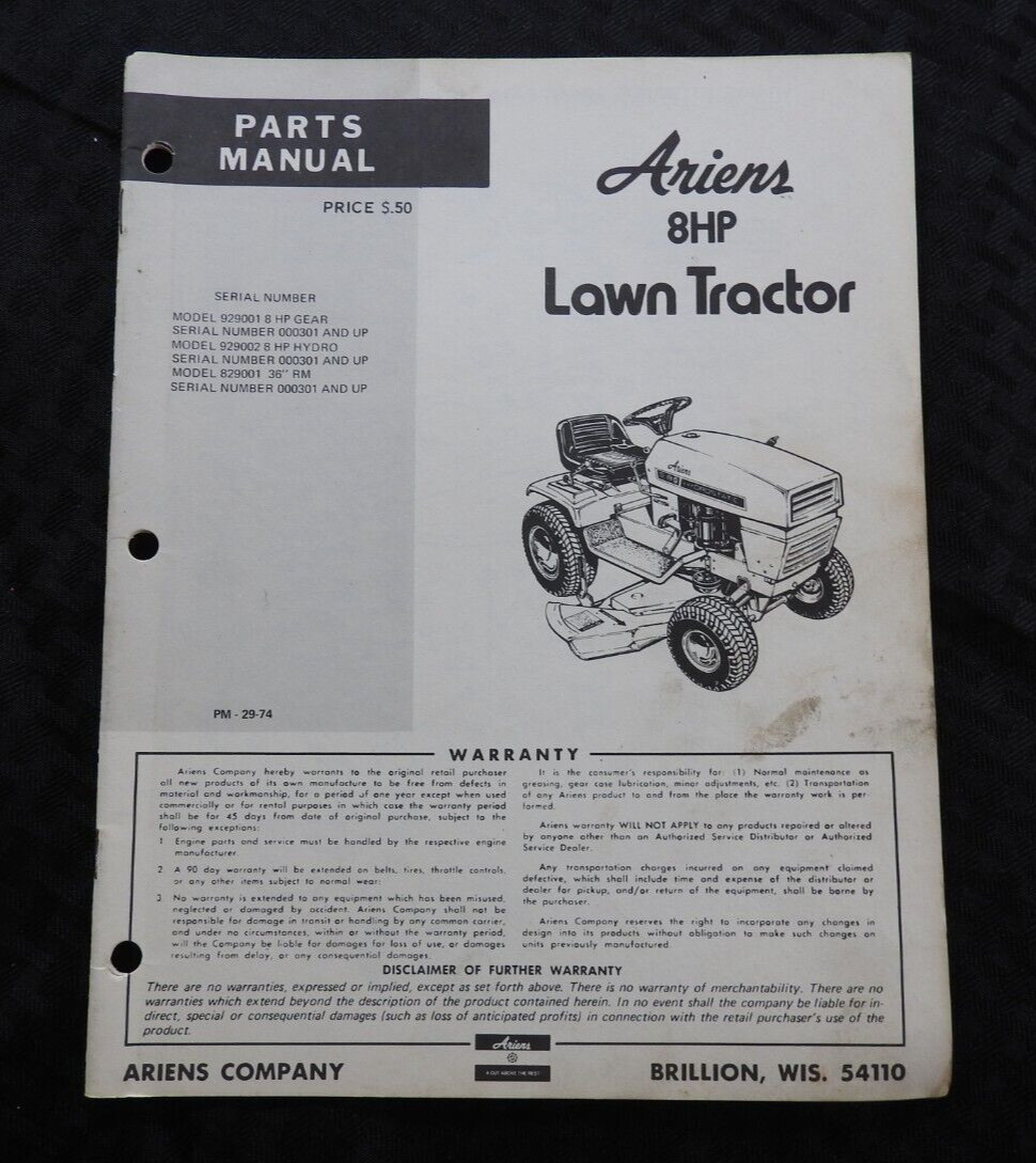 1973-75 ARIENS 8hp Gear & Hydro 829001 929001 929002 TRACTOR PART CATALOG MANUAL