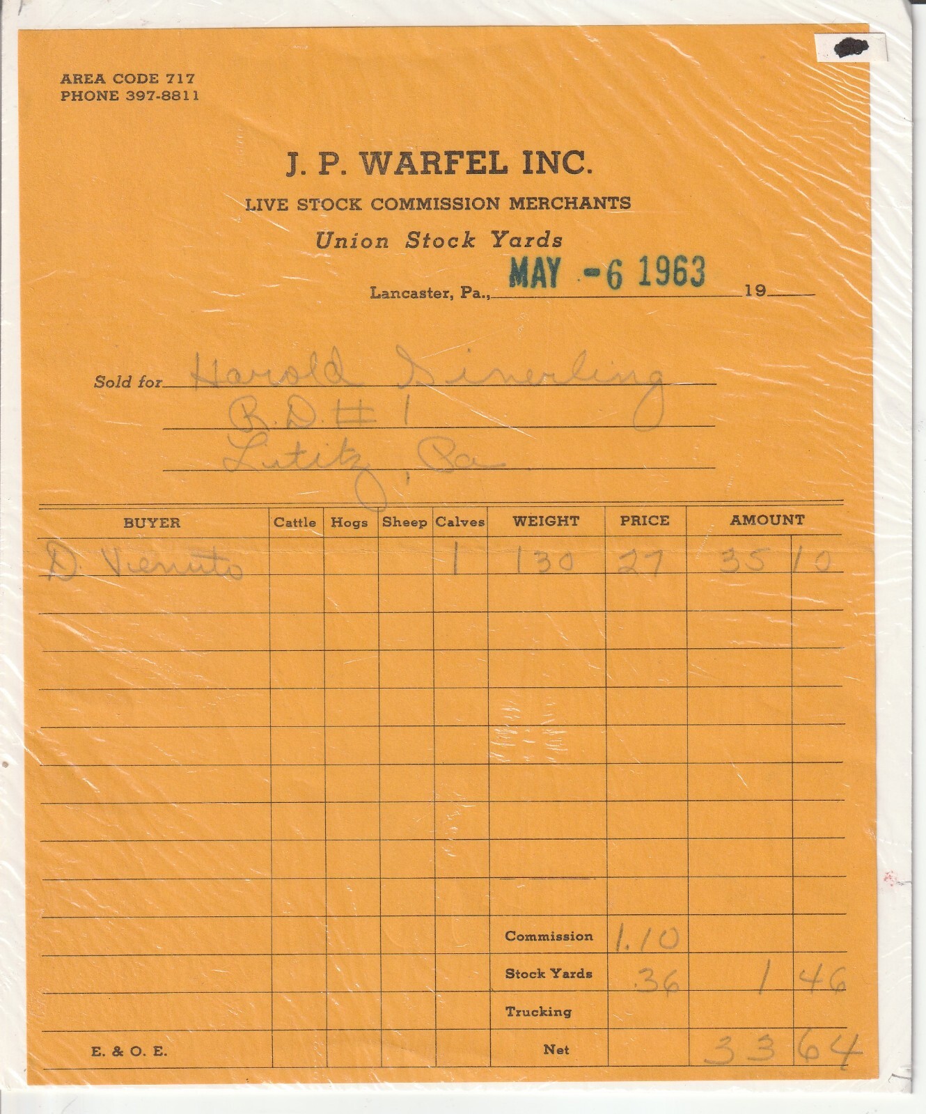 Vintage 1963 J.P Warfel Inc Live Stock Commission Merchant Receipt Lancaster, PA