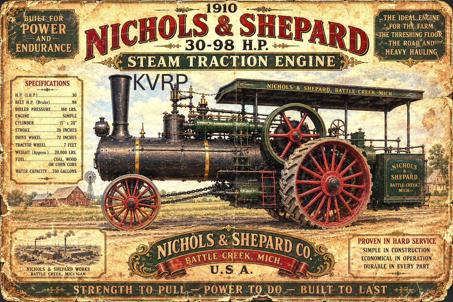 Nichols & Shepard 30-98 HP 1910 Steam Tractor Engine Vintage Poster 17 x 13