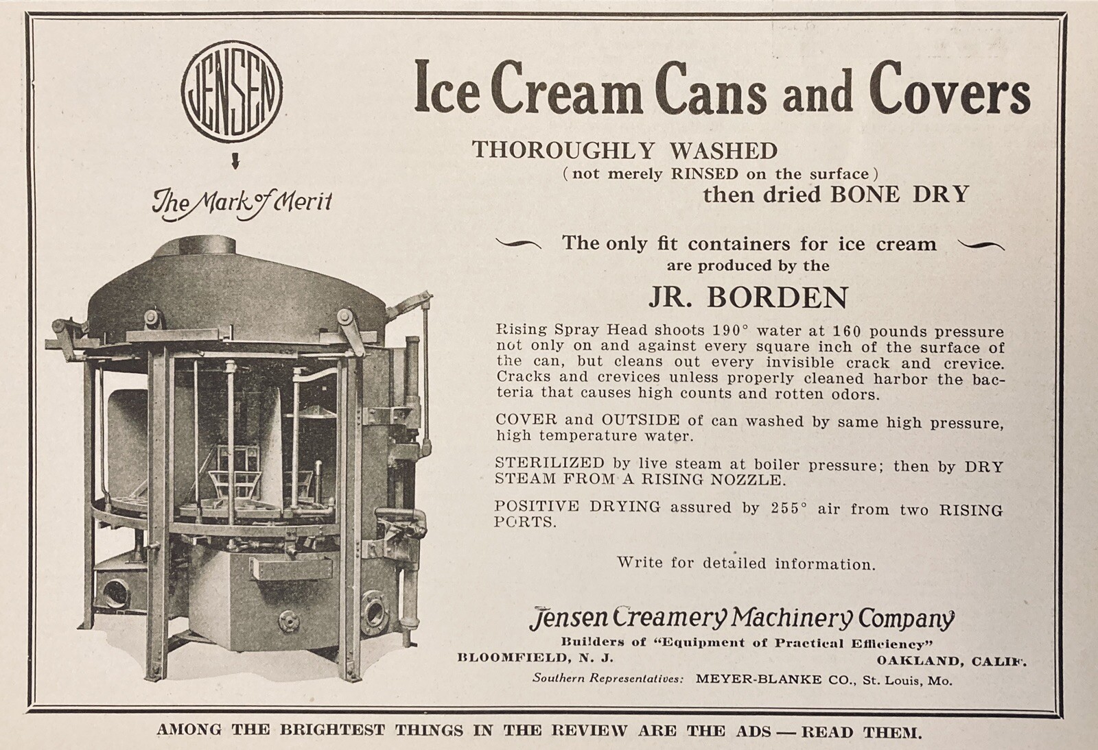 1925 AD.(XF13)~JENSEN CREAMERY MACHINERY CO. BLOOMFIELD, NJ. ICE CREAM CANS