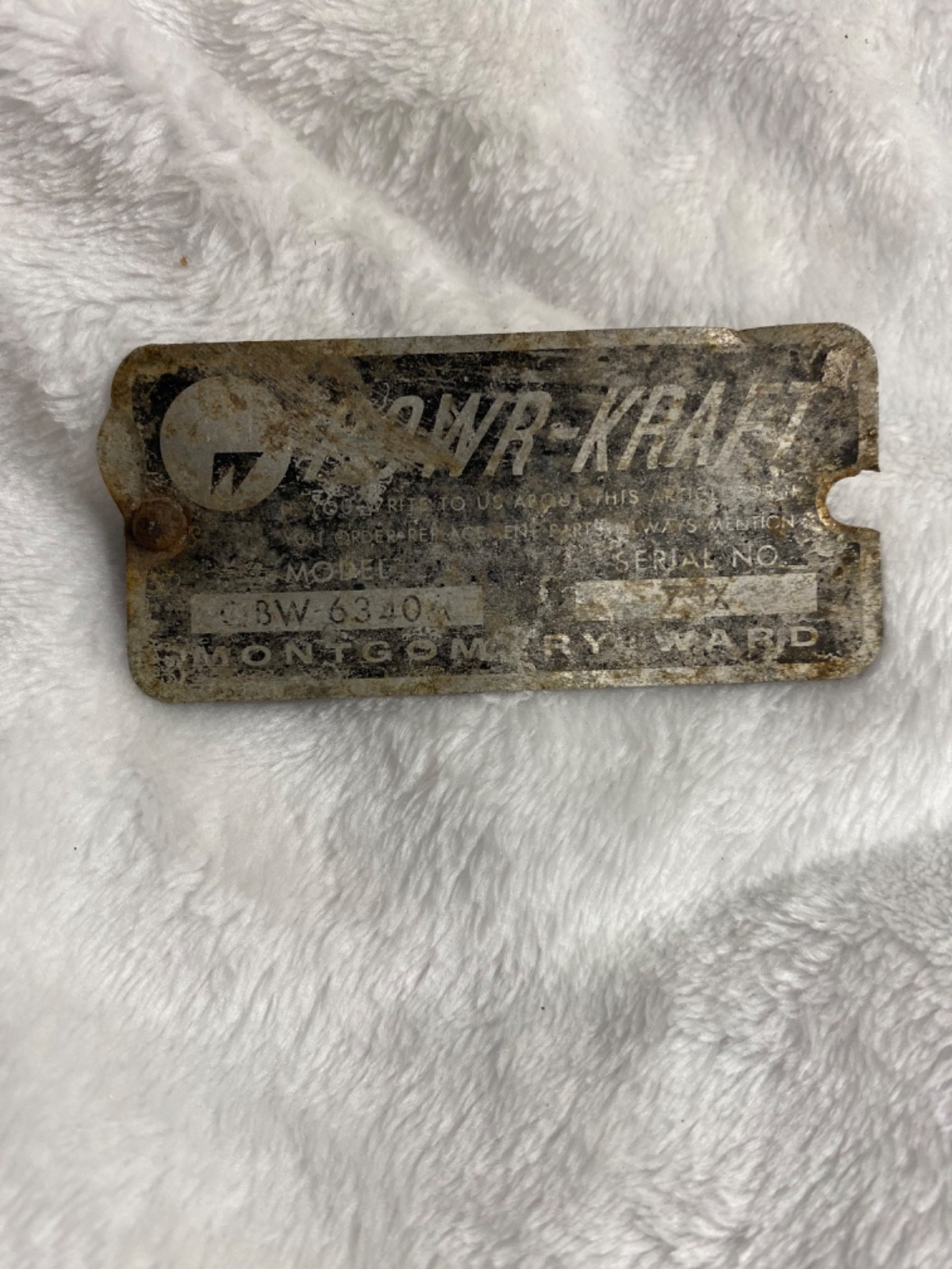 Vintage Powr-Kraft 3&Prime; x 1.5&Prime; Metal Tag (one rivet)