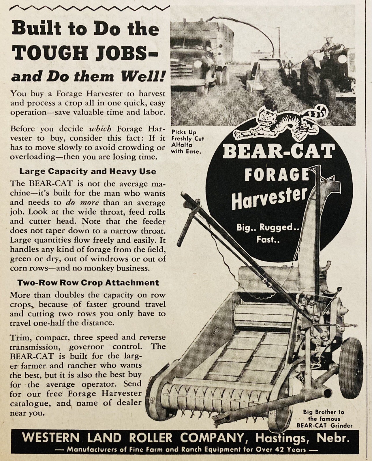 1950 AD.(XH74)~WESTERN LAND ROLLER CO. HASTINGS, NEB. BEAR-CAT FORAGE HARVESTER