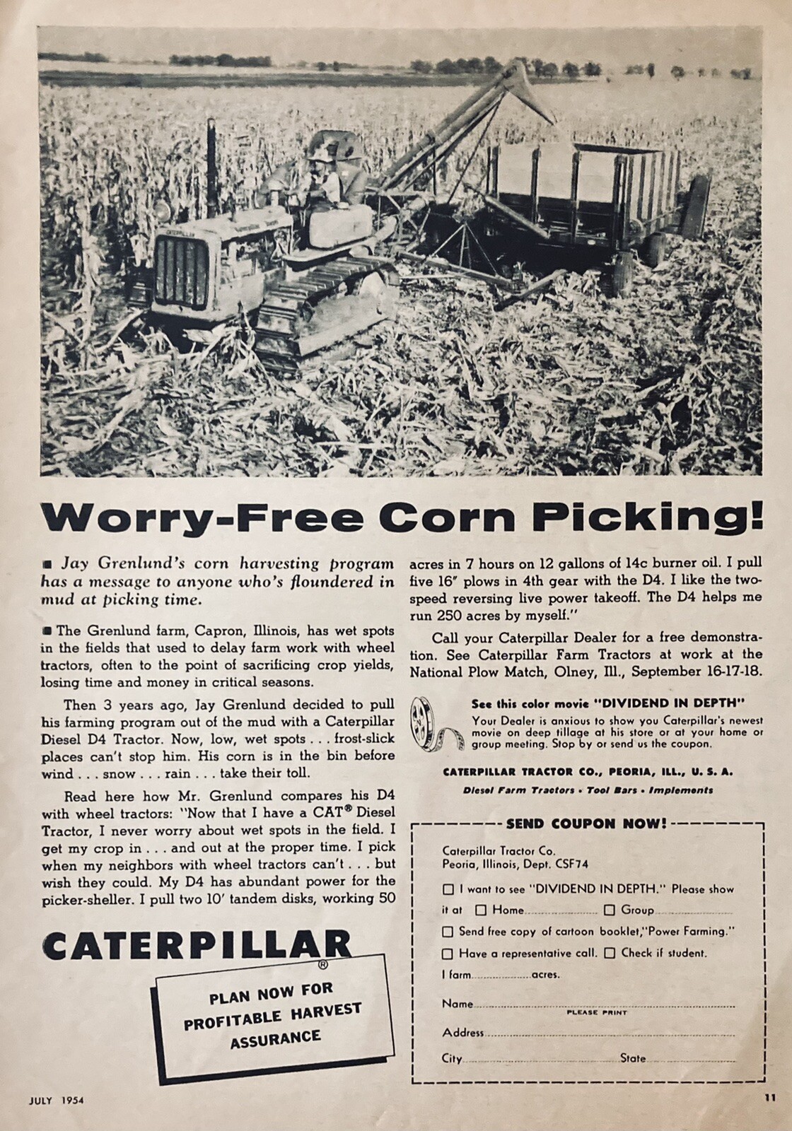 1954 AD(XH53)~CATERPILLAR TRACTOR CO. PEORIA, ILL. CATERPILLAR DIESEL D4 TRACTOR