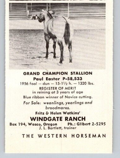 1960 Print Ad Windgate Ranch Wasco OR Grand Champion Stallion Paul Easter P-58