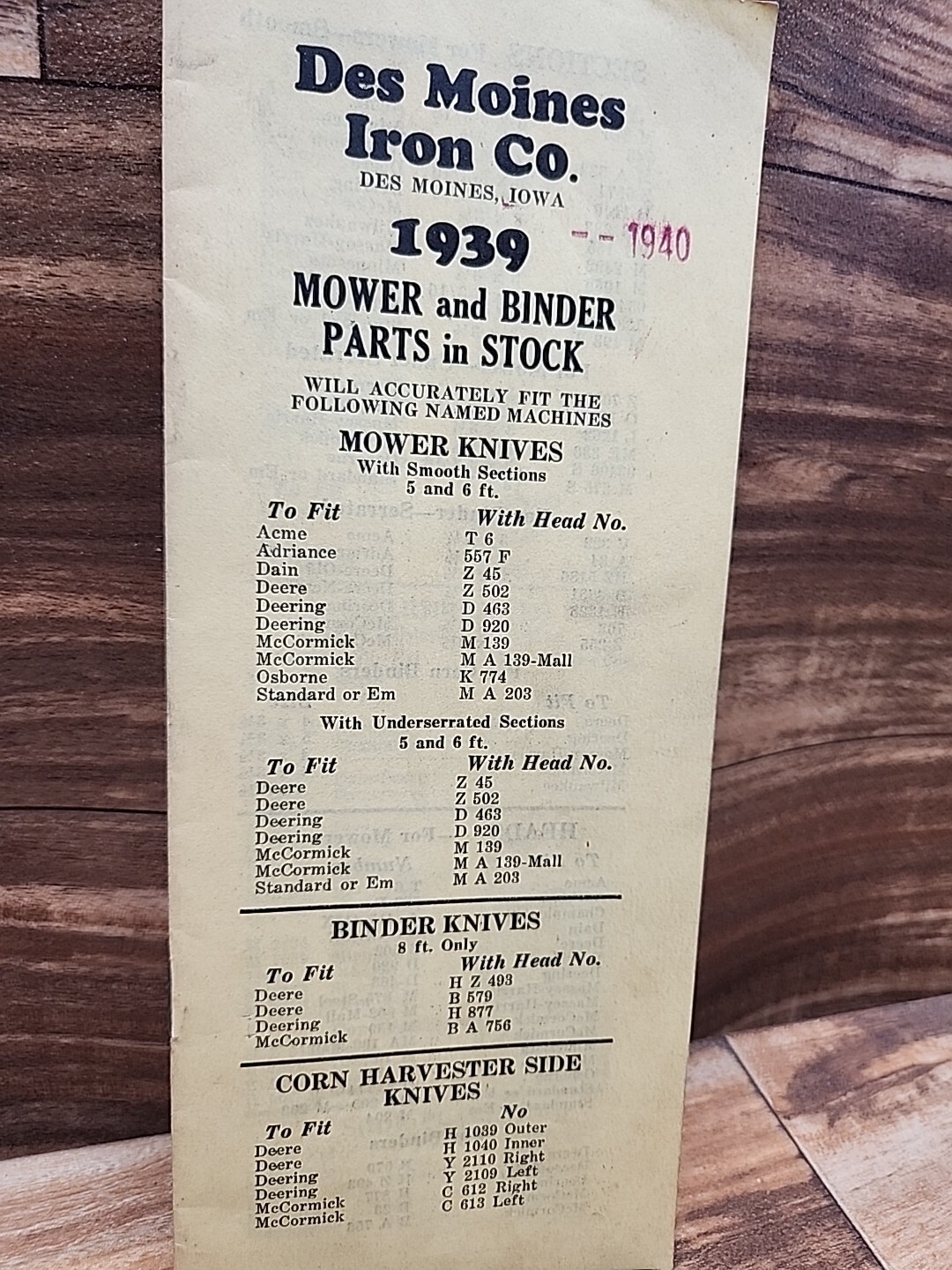 1939 1941 1942 Des Moines Iron Co Specialty Catalog Mower & Binder Parts