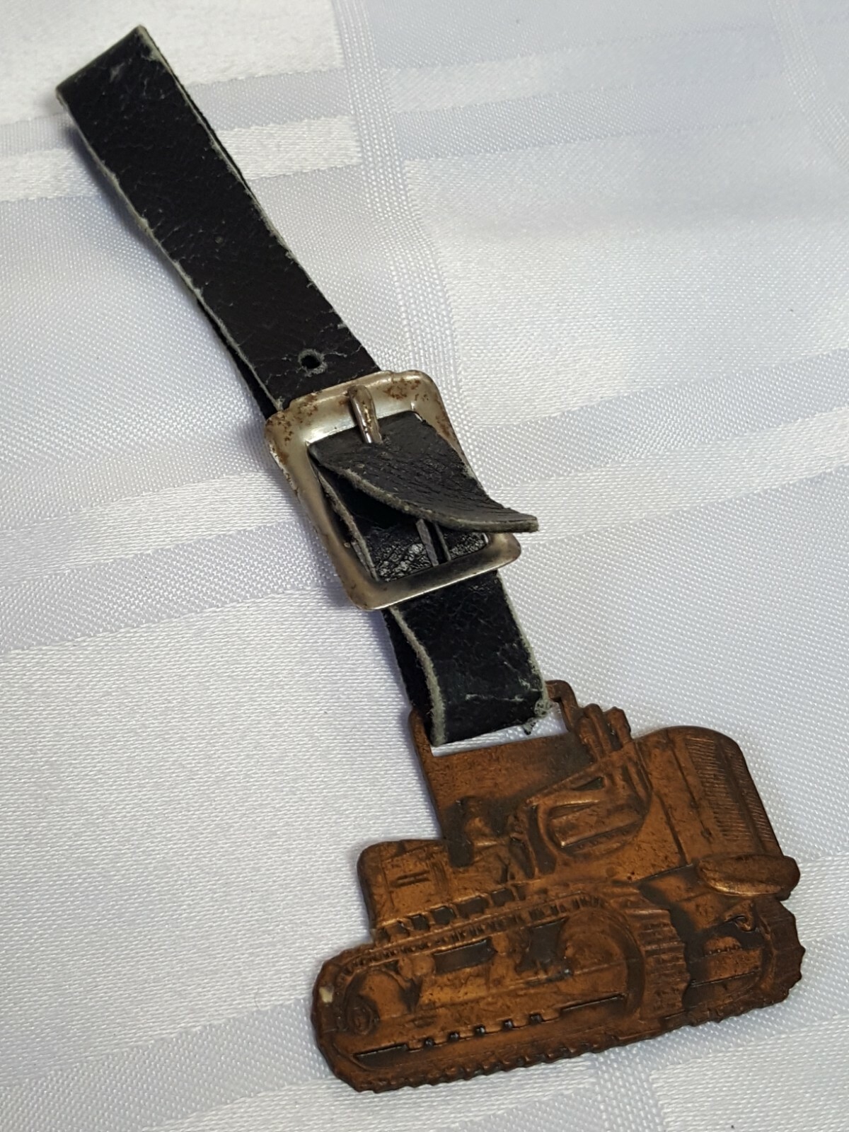 AC SHERIDAN EQUIPMENT FOB BADGE ON LEATHER STRAP AGRACULTURE FARM TRACTOR METAL