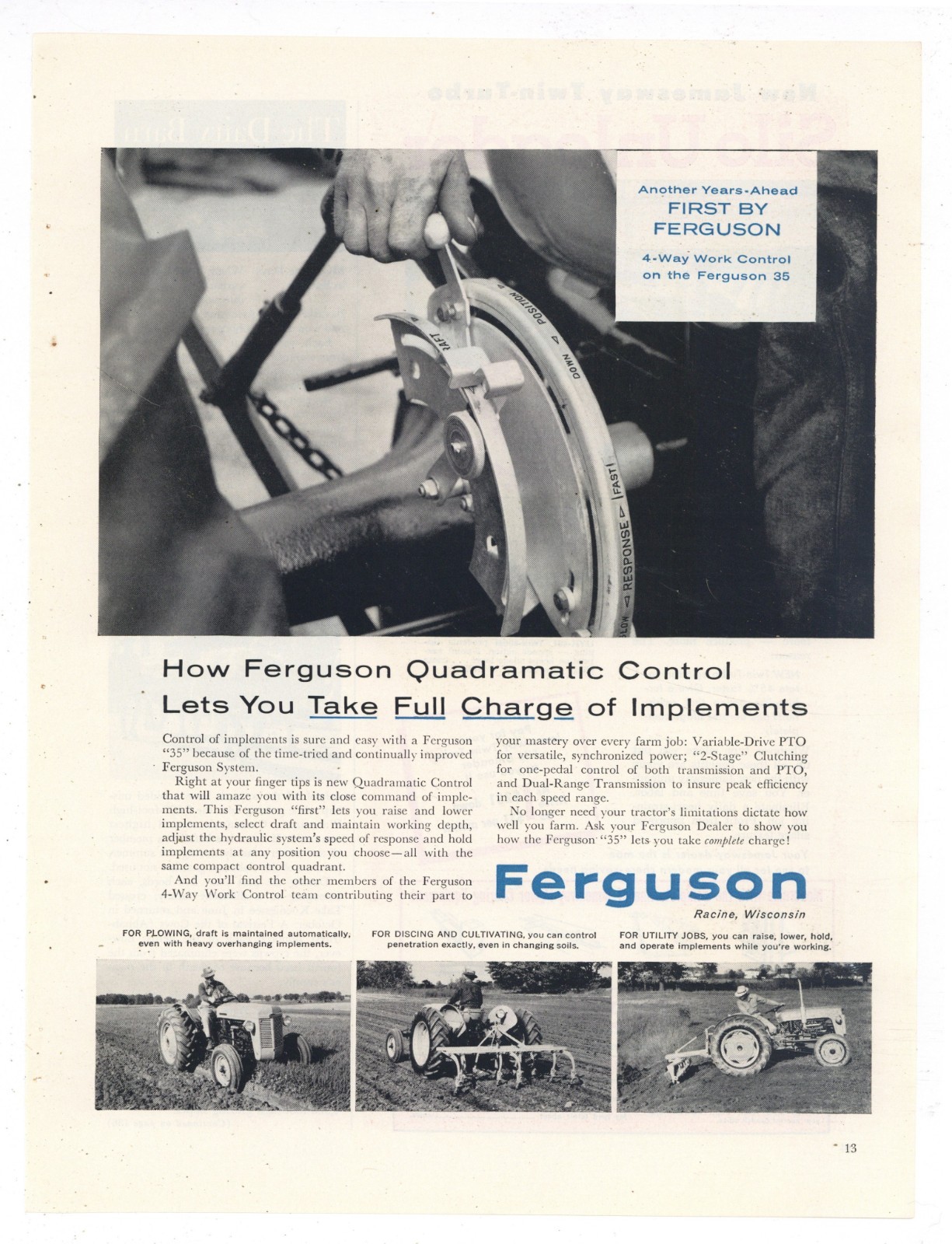 1956 Ferguson Tractor Ad: Model 35 w. Variable Drive PTO, Quadramatic Control