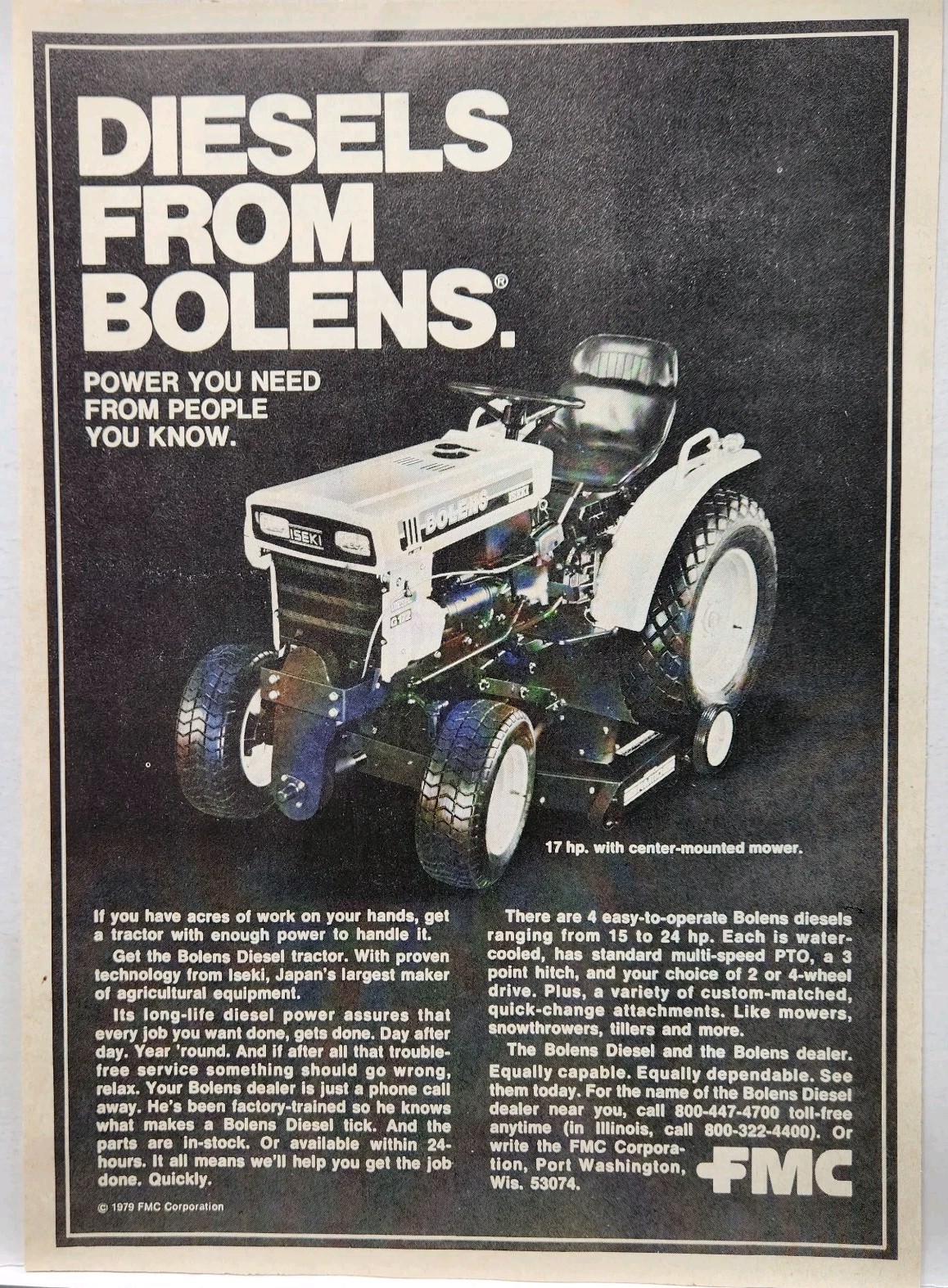1979 Bolens Diesel Tractor Iseki Lawnmower Retro Original Print Ad 1970s