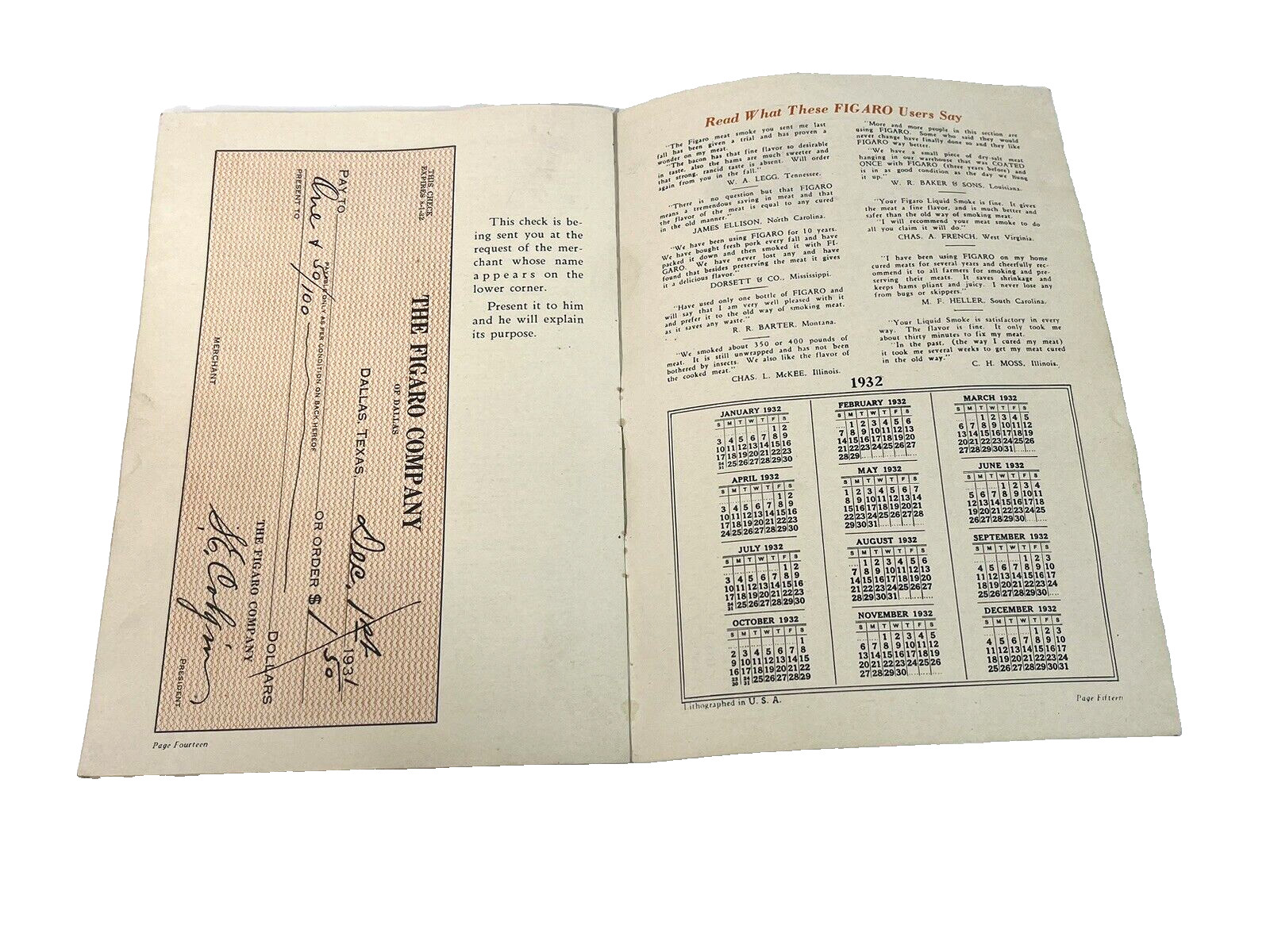 Figaro&rsquo;s Message Booklet Butchering Pigs Curing Liquid Smoke Dallas TX 1930