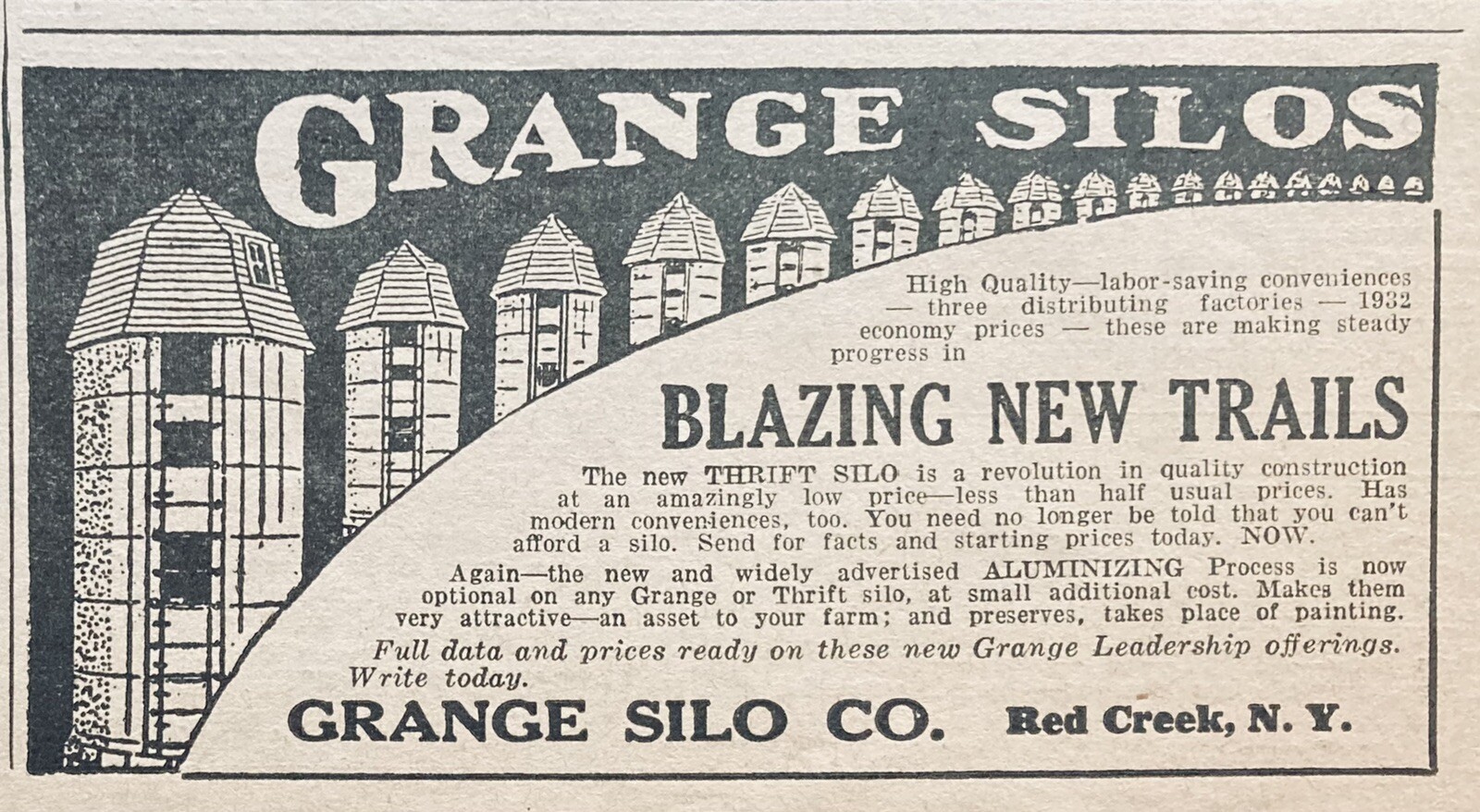 1932 AD.(XH39)~GRANGE SILO CO. RED CREEK, NY. GRANGE THRIFT SILOS