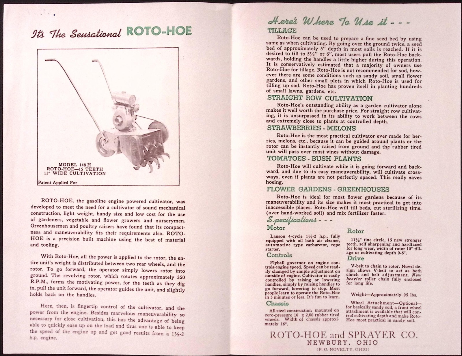 1953 Roto Hoe Roto Tiller Brochure & Price List Roto-Hoe & Sprayer Co Newbury OH