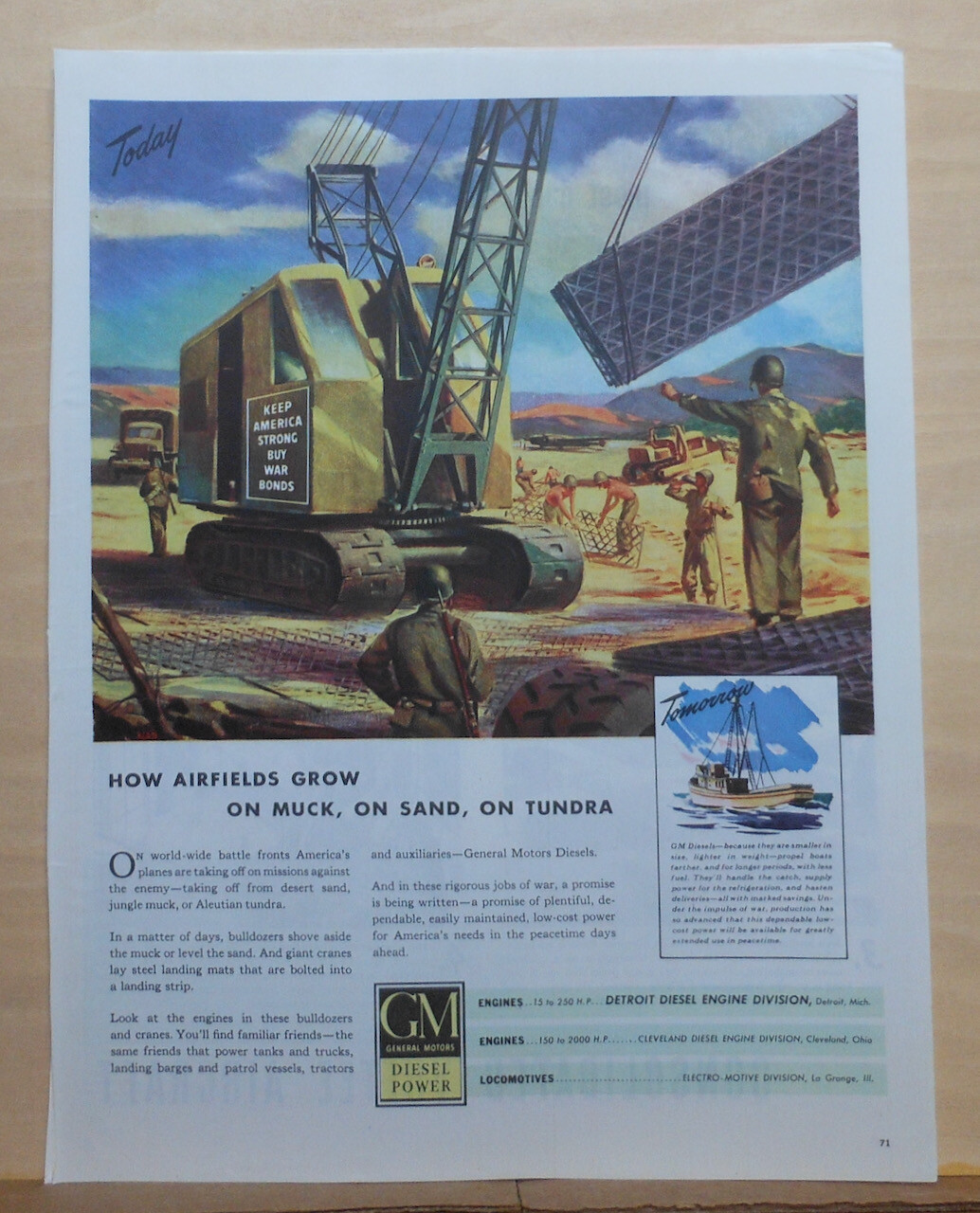 1944 magazine ad for GM Diesel Power – Bulldozer builds airfield, World War Two
