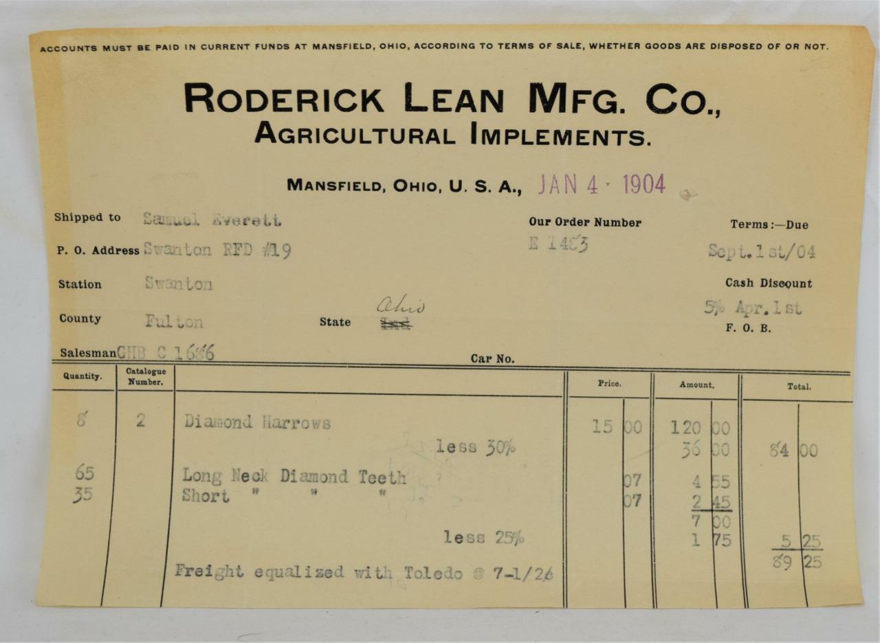 1904 Roderick Lean Mfg. Co. Agricultural Implements Mansfield Ohio Invoice