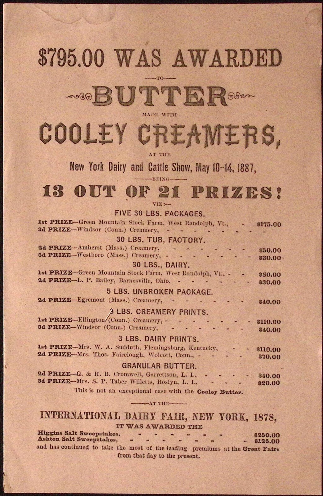 1887 The Cooley Creamer Vermont Farm Machine Co Bellows Falls VT Print Ad