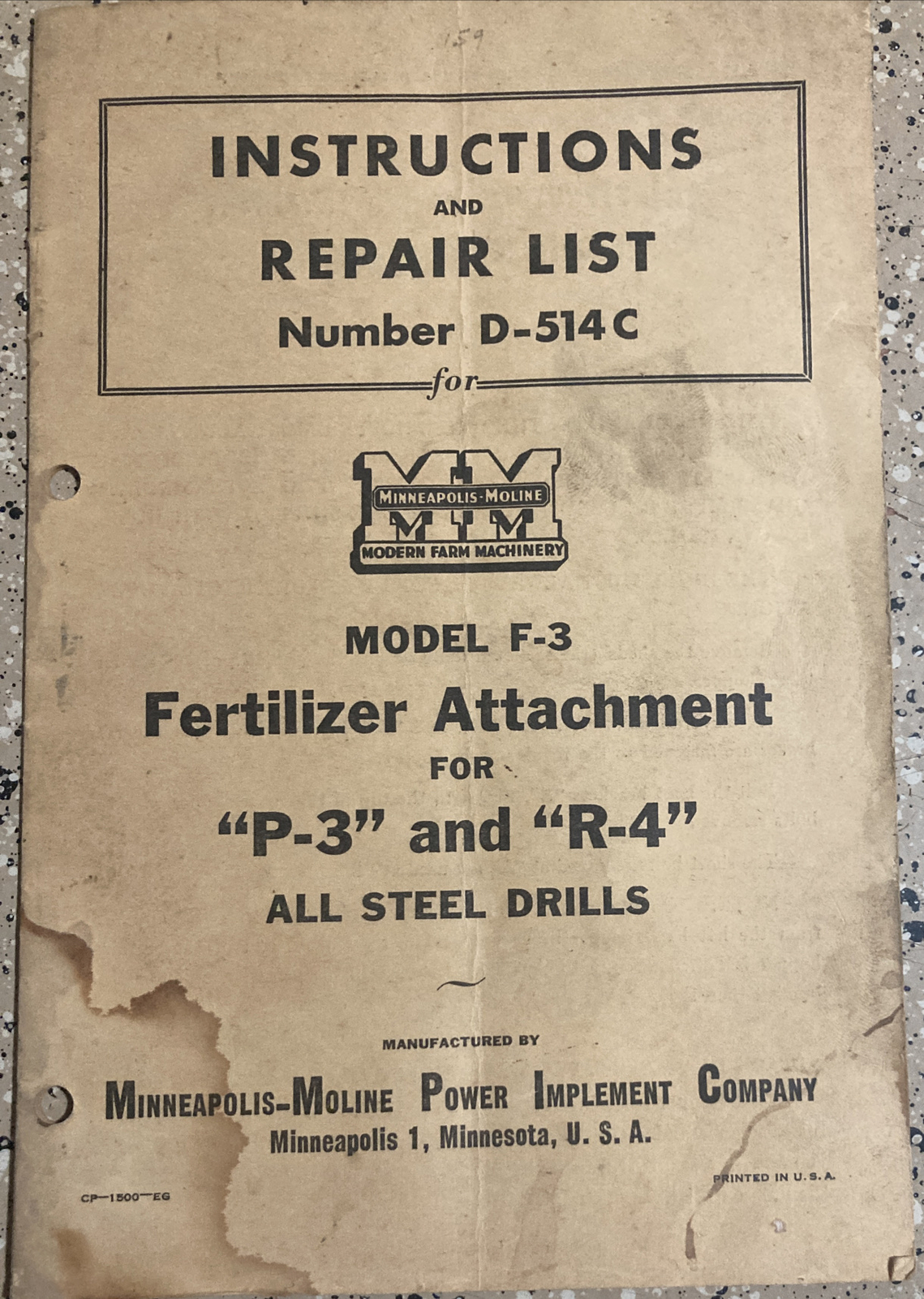 MINNEAPOLIS MOLINE INSTRUCTION REPAIR LIST FERTILIZER ATTACHMENT P-3 R-4 VINTAGE