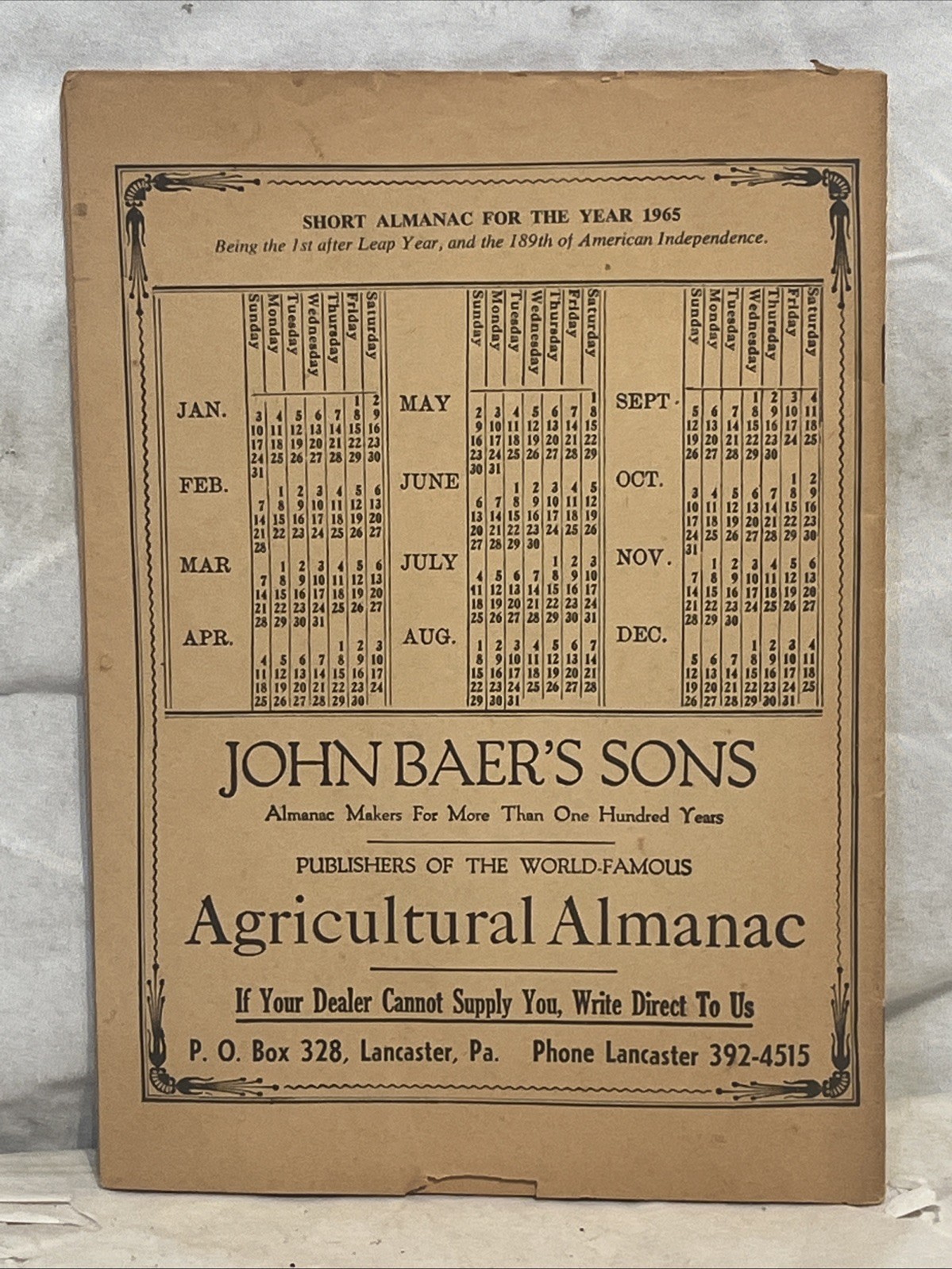 1965 John Baer’s Sons Agricultural Almanac Lancaster PA 140th Vol Booklet