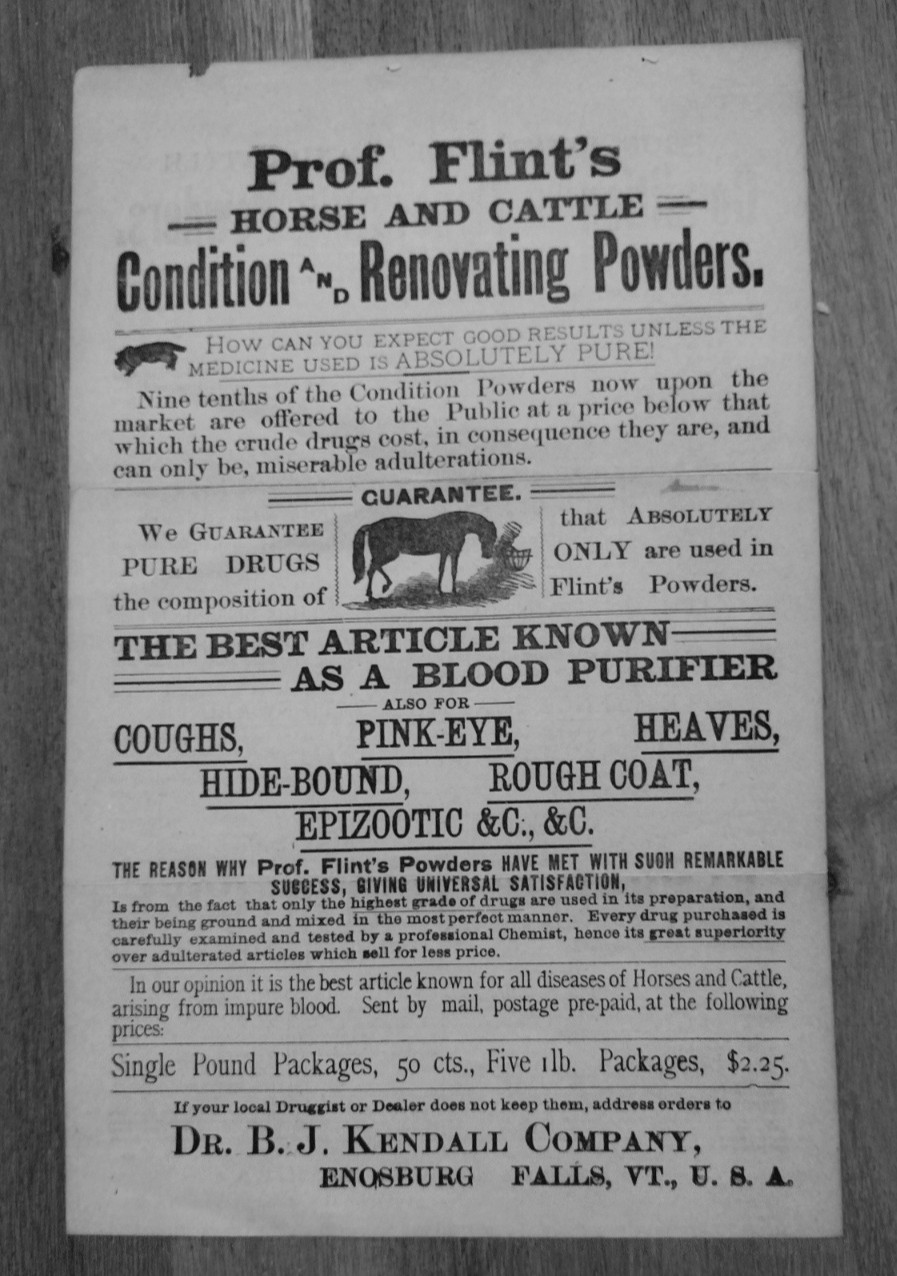 1893 Prof. Flint&rsquo;s Horse and Cattle Powders 2 Sided Ad Enosburg Falls, VT
