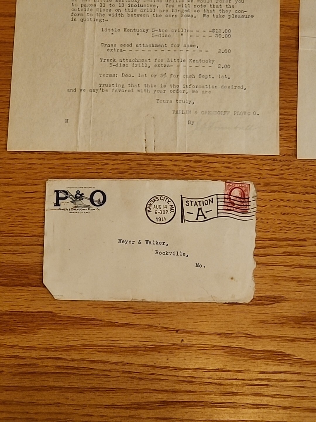 Parlin and Orendorff P&O Plow Co Letterhead 2x 1911 1912