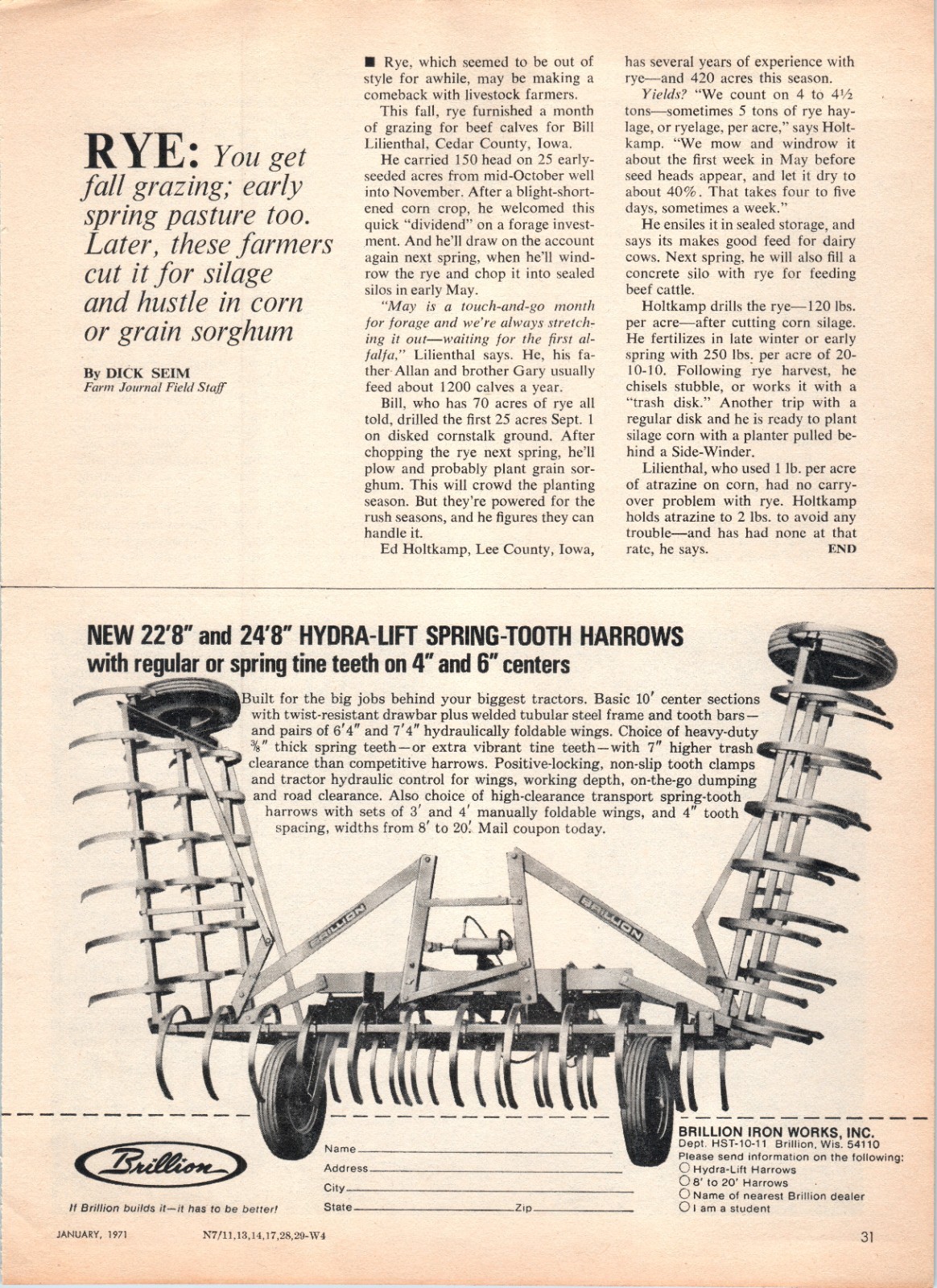 1971 Brillion Hydra-Lift Spring-Tooth Harrow 70&rsquo;s Vintage Print Ad