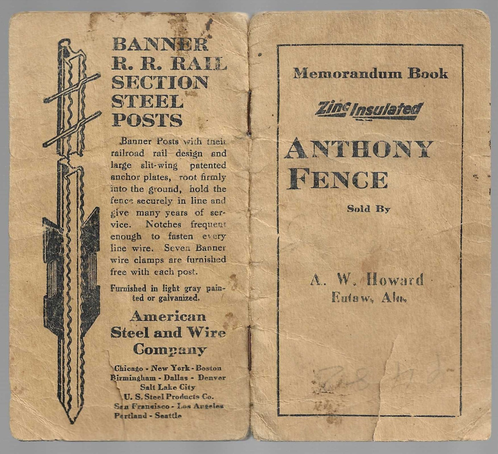 1927 eutaw AL Anthony Fence Co., A W Howard (owner?) fair ALABAMA adv Memo Book