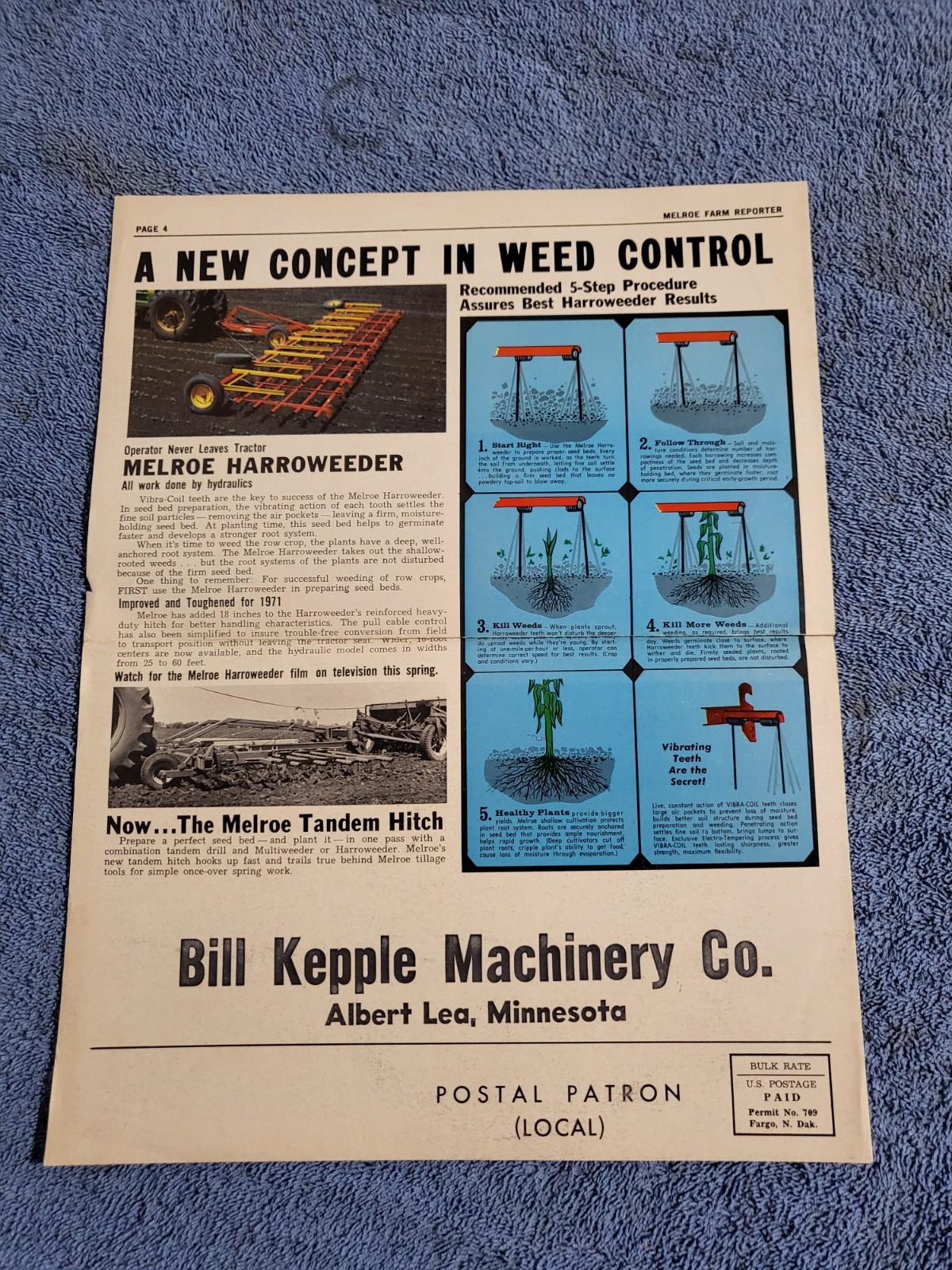 1971 Vtg. Flyer MELROE Farm REPORTER Bill Kepple Machinary Co. Albert Lea, MN.