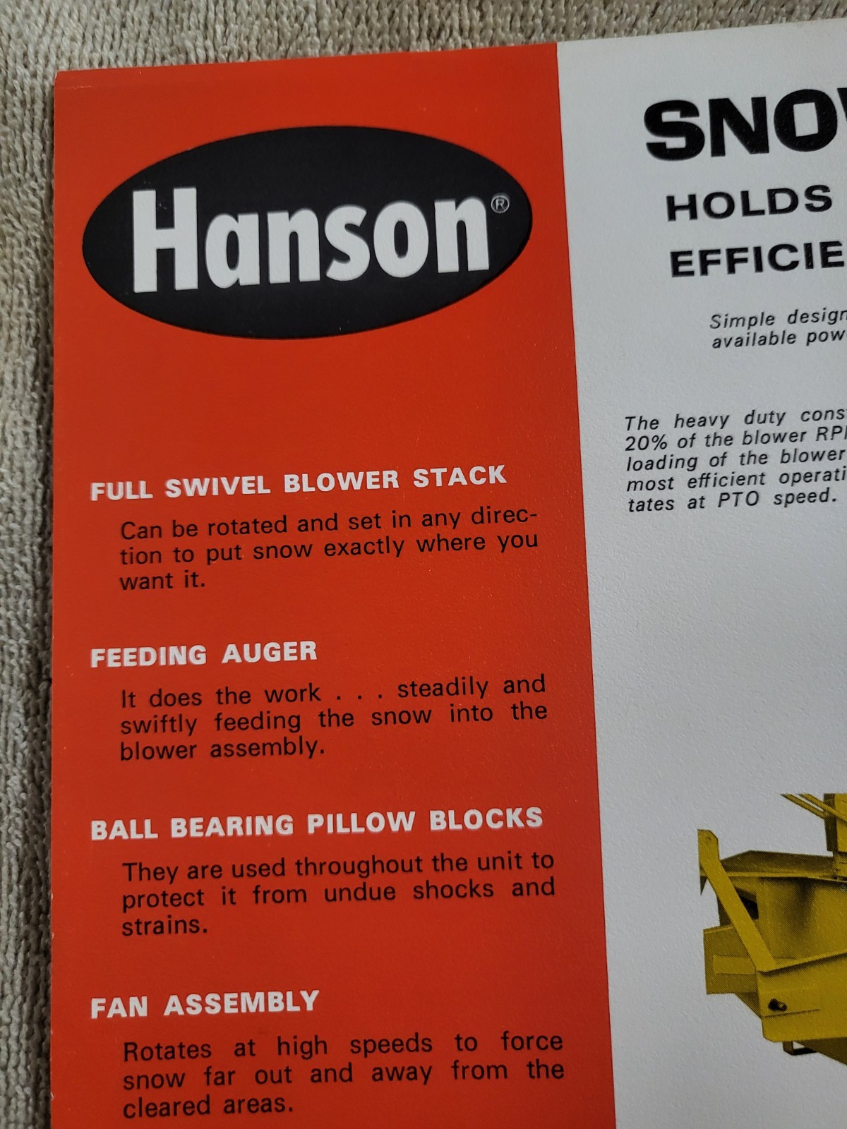 HANSON Vintage 1960s Snowblowers Sales BROCHURE Tractor Rear Mount PTO 3point