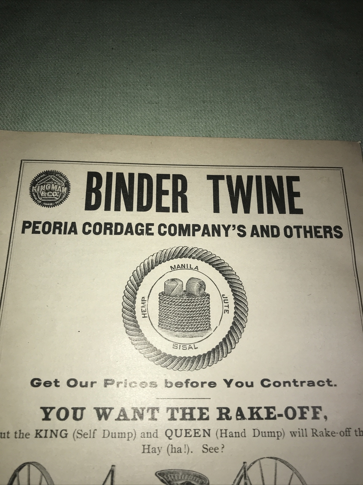 1898 Kingman Binder Twine & Rake Farm Advertising – Kansas City – Missouri