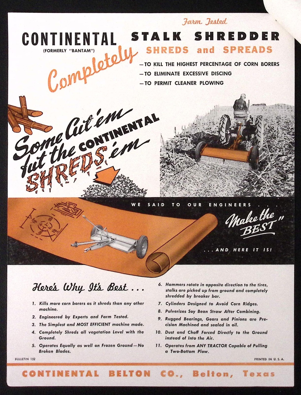 1954 The Rugged Continental Farm Tested Stalk Shredder Sales Brochure
