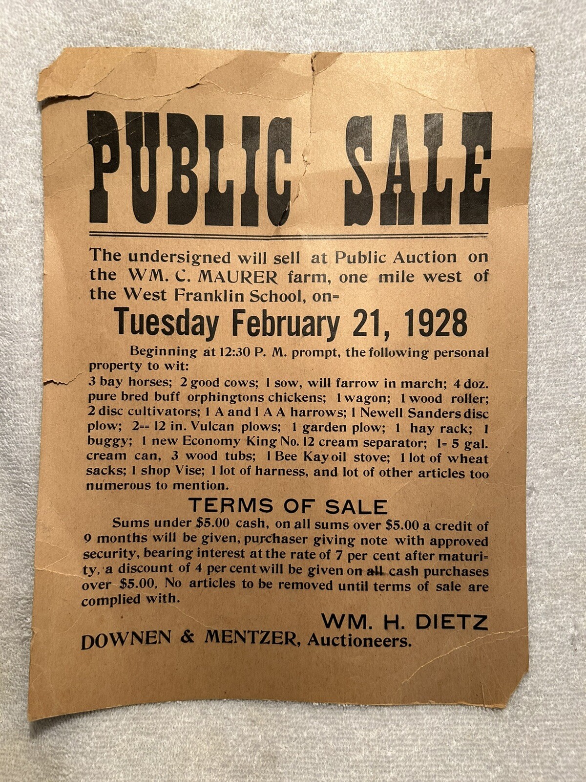 1928 Public Sale Sign Posey County IN Wm. C. Maurer Farm By Wm. Dietz Auctioneer