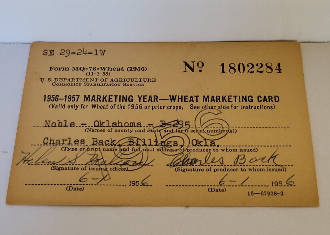 1956-57 Wheat Marketing Card – Charles Back- Billings, Oklahoma (2 CARDS)